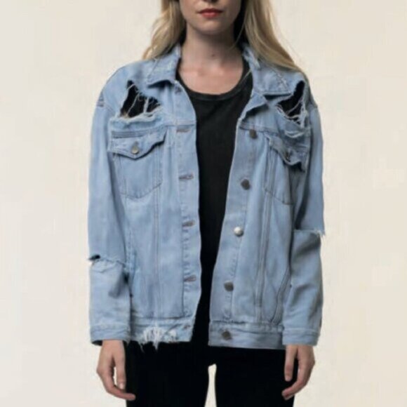 FREE PEOPLE Neon Blonde Denim Jean Jacket Oversized Light Wash Distressed Size S - Picture 8 of 16